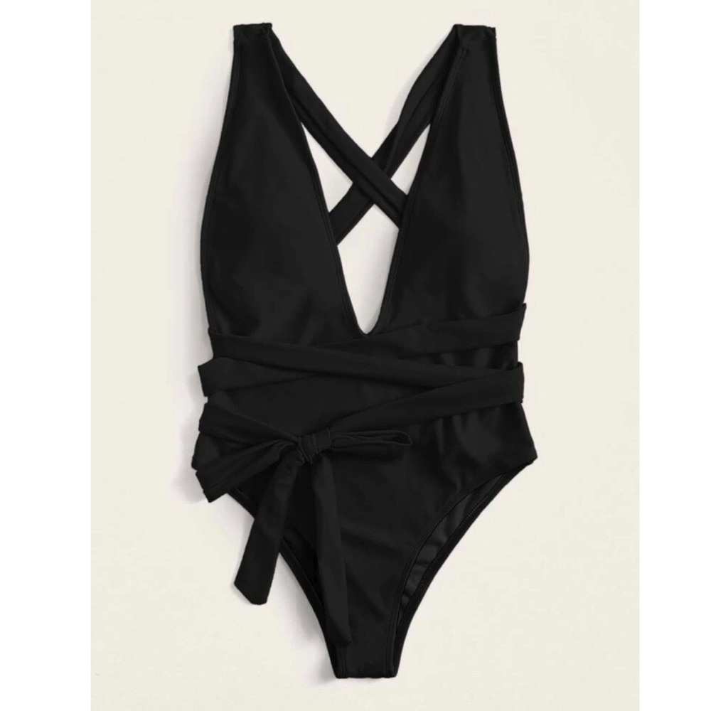Black Plunging Backless Criss Cross Swimsuit - Picture 5 of 8